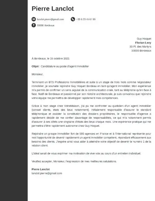 modèle de lettre de motivation pour une école de l'immobilier